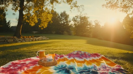 Colorful Tie-Dye Picnic Blanket on Green Grass Under Warm Sunset Sky with Beverage and Snacks in a Peaceful Park Setting