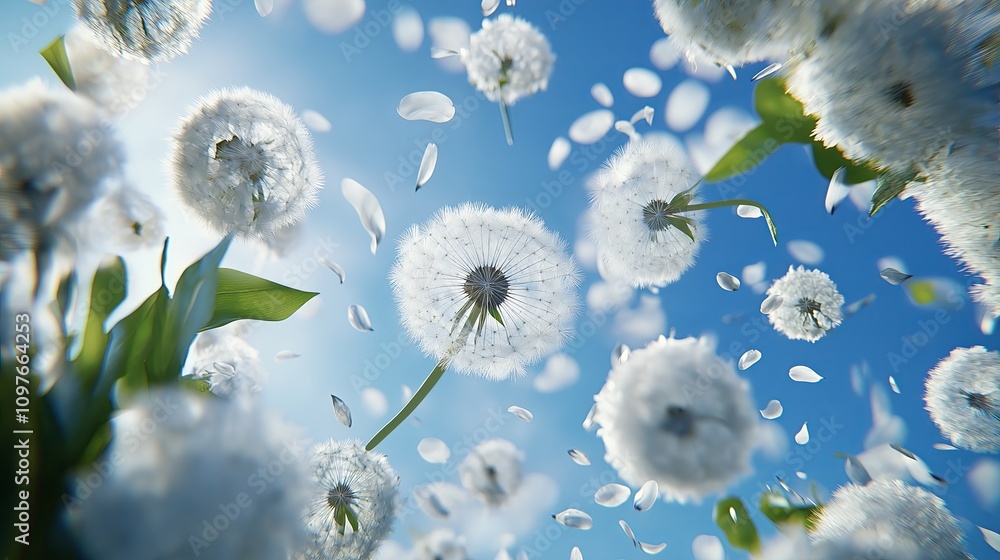 Poster dandelion seeds floating through an airy sky in minimal white tones