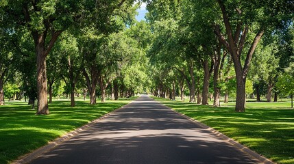 Obraz premium A tranquil eco-friendly urban area with tree-lined streets and bike paths.