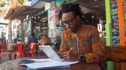 African entrepreneur crafting a daily productivity plan at a vibrant cafe in Cape Town, South Africa