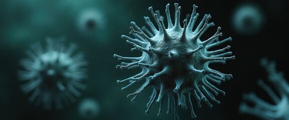Fototapeta premium Microscopic Virus, Close-up 3D Rendering of a Virus Particle, Conceptual Image for Scientific Research, Medicine, and Healthcare.