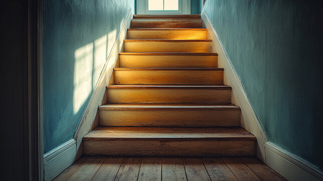 Sunlit wooden stairs gracefully ascending within a cozy home radiate warmth and comfort inviting one to rise upward symbolizing progress hope and the welcoming embrace of a familiar living space