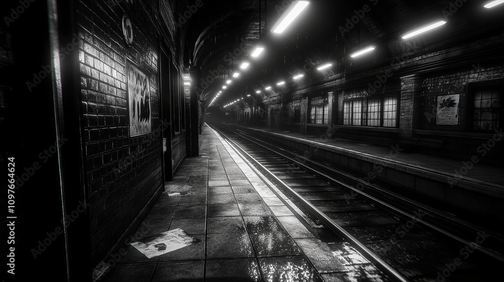 Poster Empty subway station in monochrome with a single glowing light