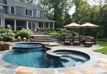 Stunning Outdoor Pool with Spa and Lounge Area Surrounded by Lush Greenery and Beautiful Landscaping in a Relaxing Backyard Setting