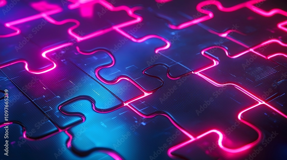 Poster a close up view of vibrant glowing neon puzzle pieces interconnected on an abstract digital backgrou