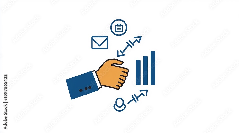 Poster a curated set of icons showcasing key business growth concepts like bar charts targets handshake sym