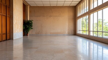 Obraz premium A bright, spacious interior with large windows, polished flooring, and minimal decor, creating a serene and open atmosphere.