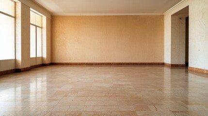 Obraz premium A spacious, empty room with large windows and polished flooring, featuring neutral-colored walls and an inviting atmosphere.