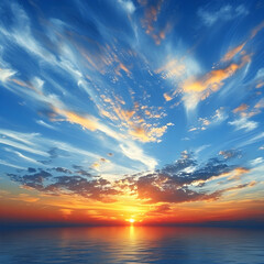 Fototapeta premium Vibrant sunset over calm ocean with dramatic sky.