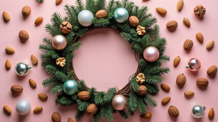 Pastel Pink Christmas Wreath with Nuts & Ornaments