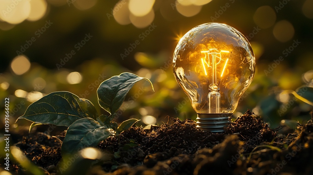 Poster a harmonious blend of modern technology and lush natural elements featuring a glowing light bulb pla