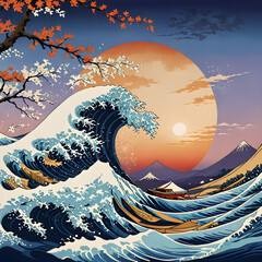 a close up of a painting of a wave with a tree in the background

