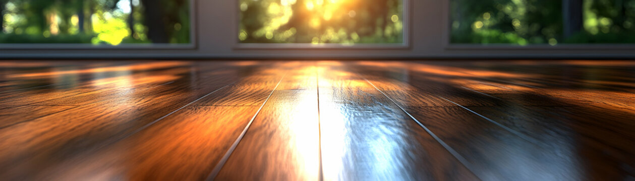 Sunlit hardwood floor near windows.