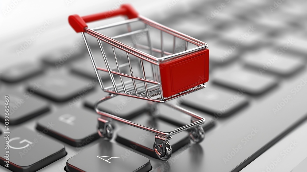 Aufkleber a red shopping cart icon placed on a computer keyboard representing the concept of online shopping a