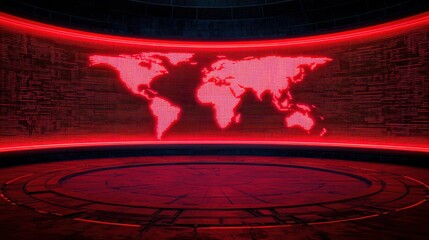 A futuristic red-lit world map displayed on a digital screen, set against a dark background, evoking a high-tech, modern atmosphere.