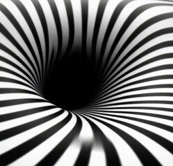 A mesmerizing tunnel of swirling black and white stripes creates a dynamic visual effect, perfect for backgrounds, digital designs, or artistic projects, conveying depth and movement,
