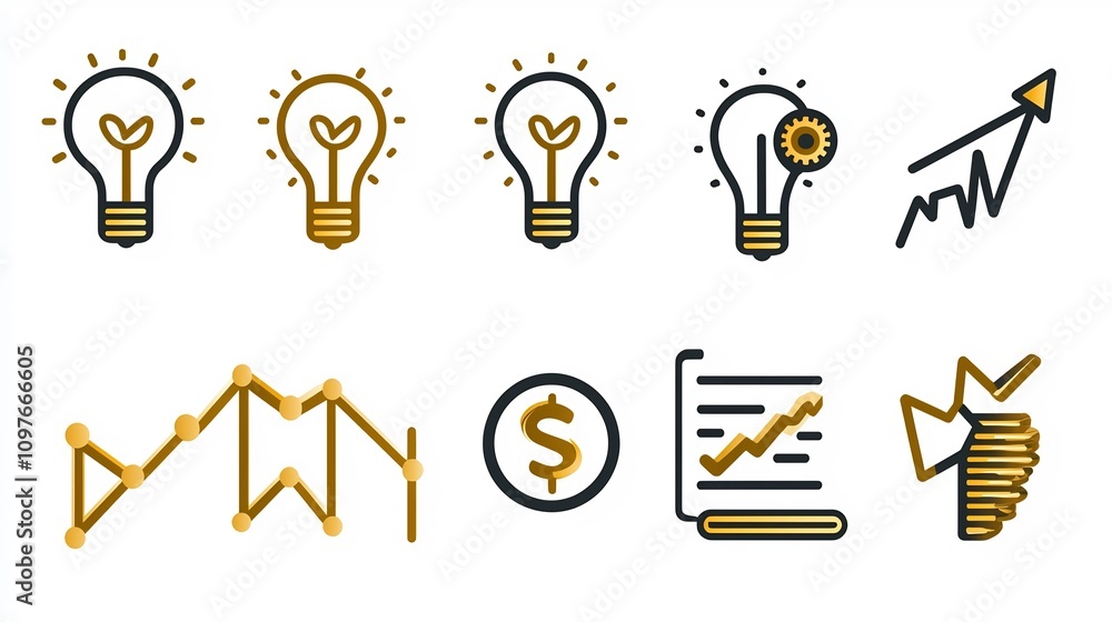 Poster a set of 15 stylish line icons depicting the concepts of innovation growth progress and business dev
