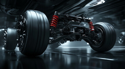 Fototapeta premium detailed view of a car's suspension system, highlighting the mechanics and engineering precision, showcasing the vehicle's structural components and stability, emphasizing automotive craftsmanship