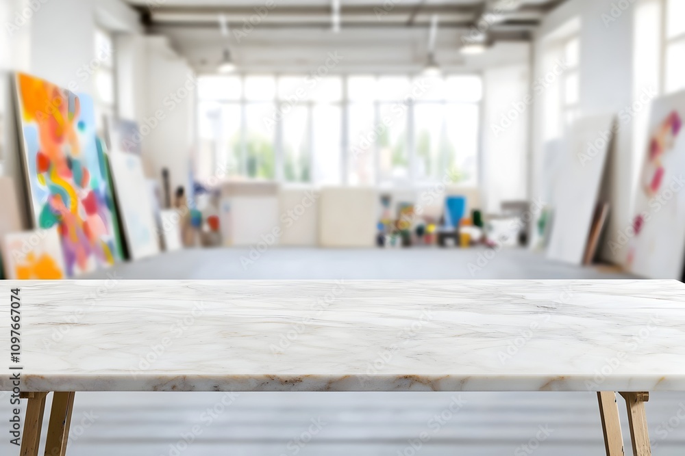 Poster empty marble table in blurred art studio backdrop for product display