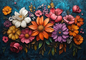 Vibrant Floral Arrangement Featuring Colorful Blooms on a Deep Blue Background Celebrating Nature's Beauty and Rich Diversity in Artistry