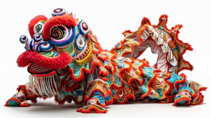 Traditional Chinese New Year lion dance costume, isolate on white background, colorful and detailed, festival attire,