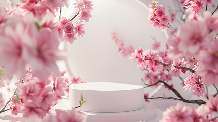 An abstract 3D stage design featuring a minimalist podium surrounded by pink blossoms, creating a serene atmosphere for showcasing beauty products.