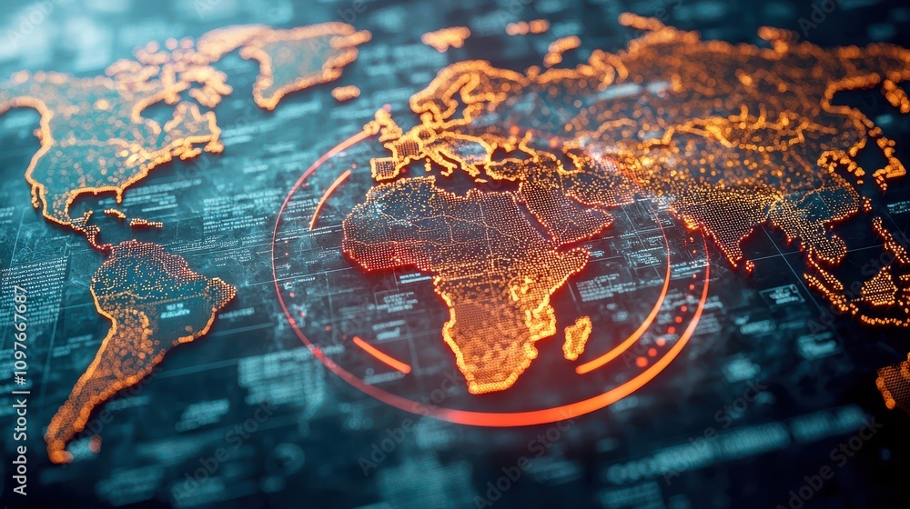 Poster a digital representation of a world map highlighted with glowing orange outlines, emphasizing data c