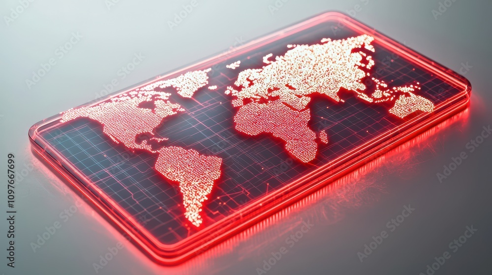 Poster a glowing 3d map of the world displayed on a sleek device, highlighting continents in red with a dig