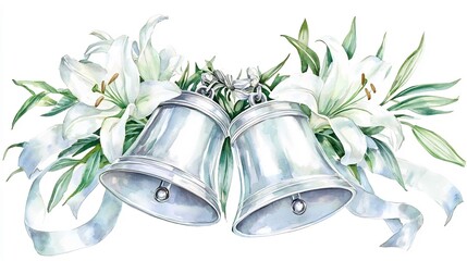 Beautifully crafted silver wedding bells with a soft metallic finish adorned with delicate white lilies and lush greenery tied together by a flowing ribbon in a watercolor style