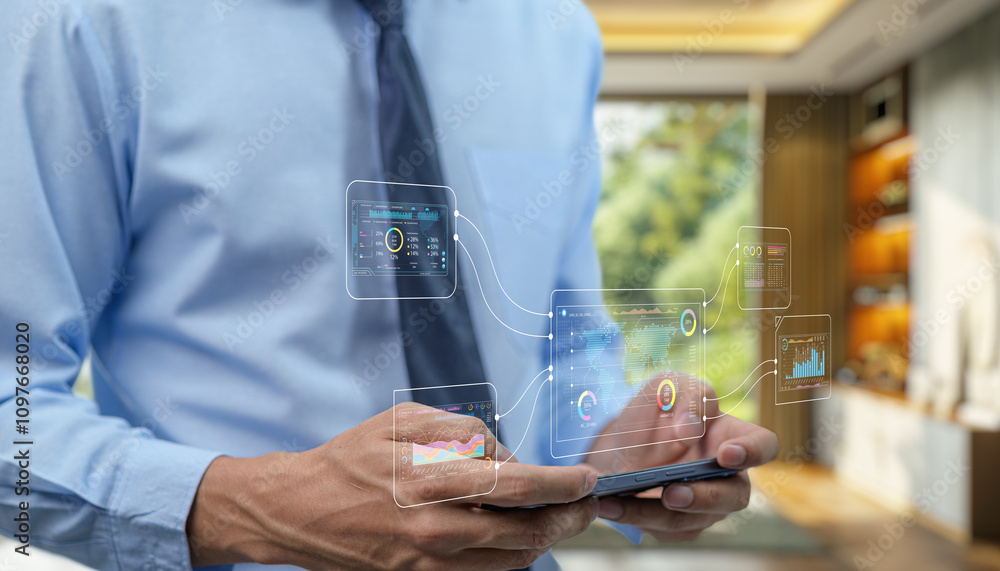 Poster business professional using tablet with data analytics overlay effect