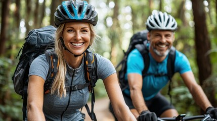 Happy couple biking on a scenic forest path, wearing helmets and backpacks, enjoying outdoor adventure and a healthy active lifestyle.