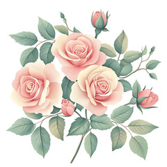 A bunch of garden roses with leaves, vintage floral design, engraving art style, dusty pink and green shades, isolated on white background