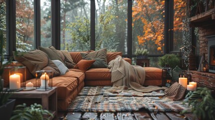 Cozy autumn sunroom with sectional sofa, candles, and fall foliage view.