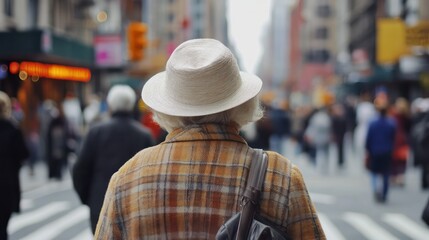 Elderly woman strolling through bustling streets in New York, USA, reflecting grace and resilience