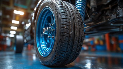 Fototapeta premium detailed view of a car's suspension system, highlighting the mechanics and engineering precision, showcasing the vehicle's structural components and stability, emphasizing automotive craftsmanship