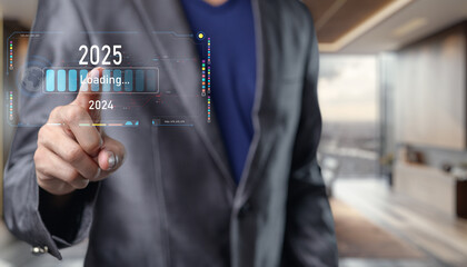 Futuristic Interface Concept with Businessman Touching Loading Screen Progress and transition from 2024 to 2025