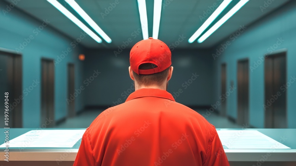 Poster a person in a red uniform stands with their back to the viewer, facing a brightly lit corridor with 