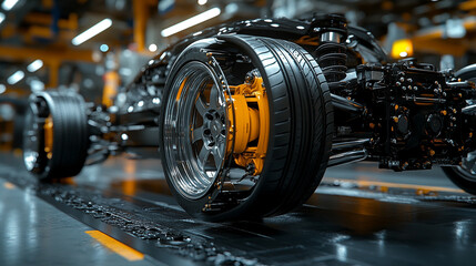 Fototapeta premium A detailed view of a car's suspension system, highlighting the mechanics and engineering precision, showcasing the vehicle's structural components and stability, emphasizing automotive craftsmanship