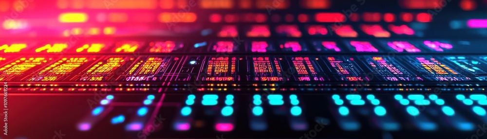 Poster a vibrant, abstract representation of digital circuitry, featuring illuminated lines and colorful no