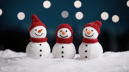 Three cheerful snowmen in winter setting, , Christmas in wonderland theme. 
