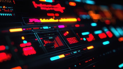 A vibrant, futuristic digital interface with glowing elements, displaying various data visualizations and interactive components against a dark background.