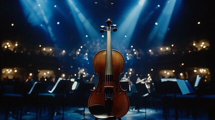 Fototapeta premium Close up shot of a sleek polished violin taking center stage under dramatic spotlights setting the scene for a captivating and virtuosic musical performance