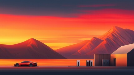 lithium battery power. A sleek car parked by a serene lake under a vibrant sunset, with mountains and a small structure in the backdrop.