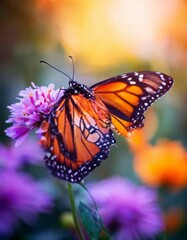 Fototapeta premium A stunning close-up of a monarch butterfly perched on a pink flower, set against a vibrant and colorful garden background. The soft focus highlights the butterfly's delicate beauty.. AI Generation