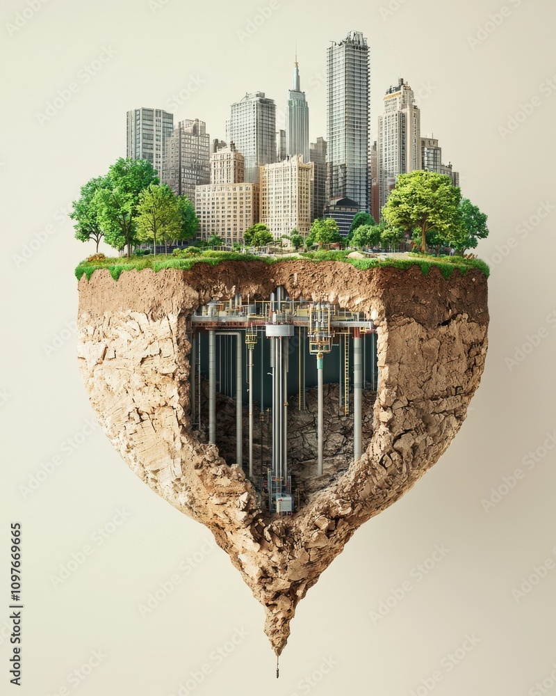Poster an imaginative cityscape floating above an exposed heart-shaped section of earth, blending urban arc
