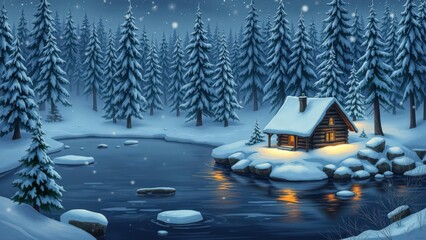 Enchanting Winter Cabin Scene: Perfect for Holiday Greetings, Wallpapers, and Cozy Home Decor