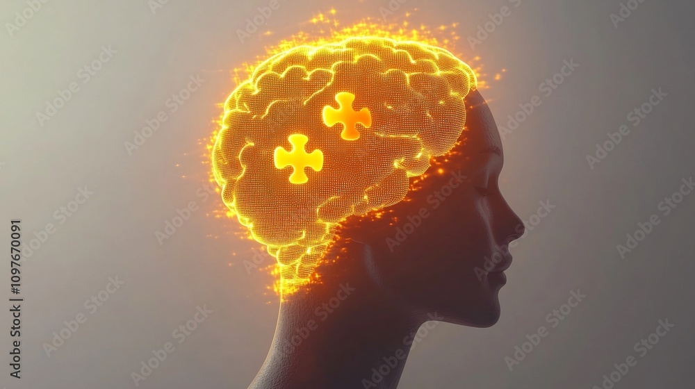 Poster conceptual image of a glowing puzzle piece icon within the outline of a human head symbolizing the c