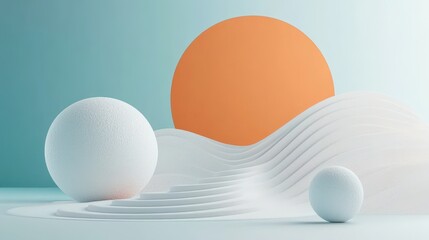 Fototapeta premium Abstract scene featuring a large orange sun behind smooth white waves and spherical shapes, perfect for backgrounds in modern design, branding, or art presentations,