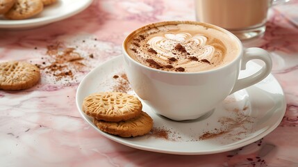 cup of cappuccino coffee with cookies on pink marble table drink