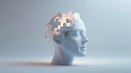 Creative glowing human head with a puzzle piece centerpiece symbolizing mental health challenges and solutions on a clean white canvas